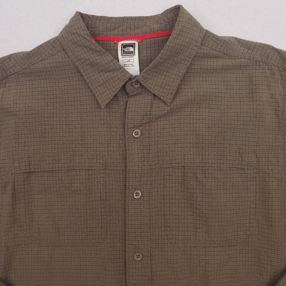 North Face Shirt Mens Large Green Check Plaid Button Up Outdoor Camp Cabin Hike